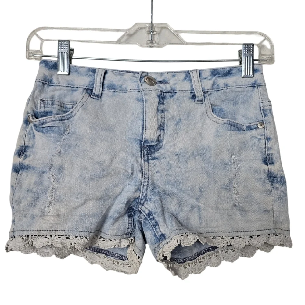 Justice Light Wash Denim Lace Hem Distressed Girls Shorts 14 Slim